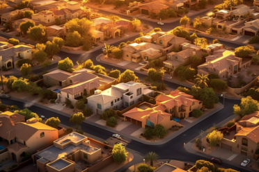 Aerial view of a residential neighborhood at sunset.