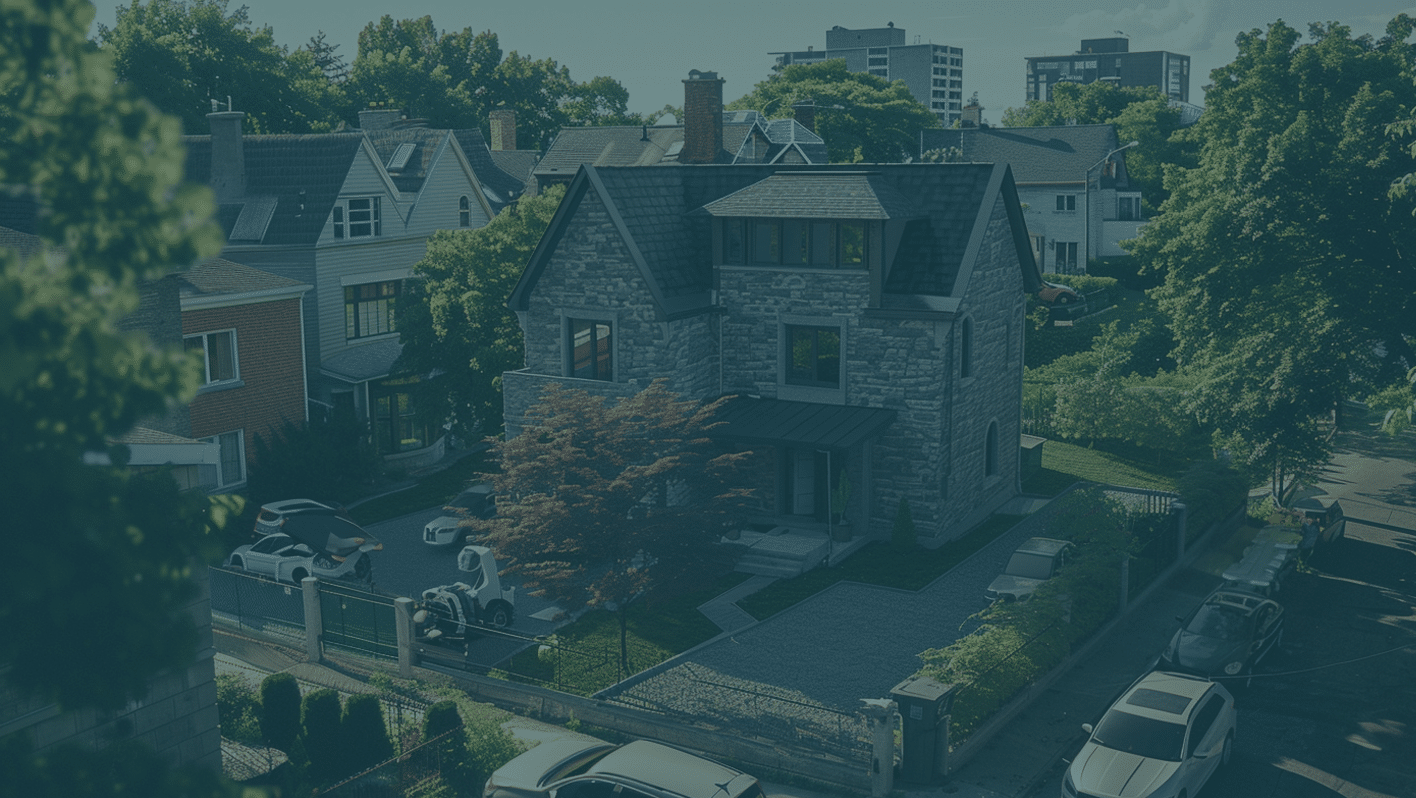 A serene suburban neighborhood at dusk features a stone house surrounded by lush trees, with parked cars lining the quiet street.