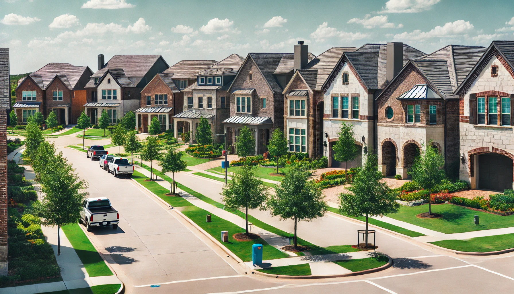 A suburban street lined with two-story houses, a few cars parked along the curb, and neatly maintained lawns under a partly cloudy sky.