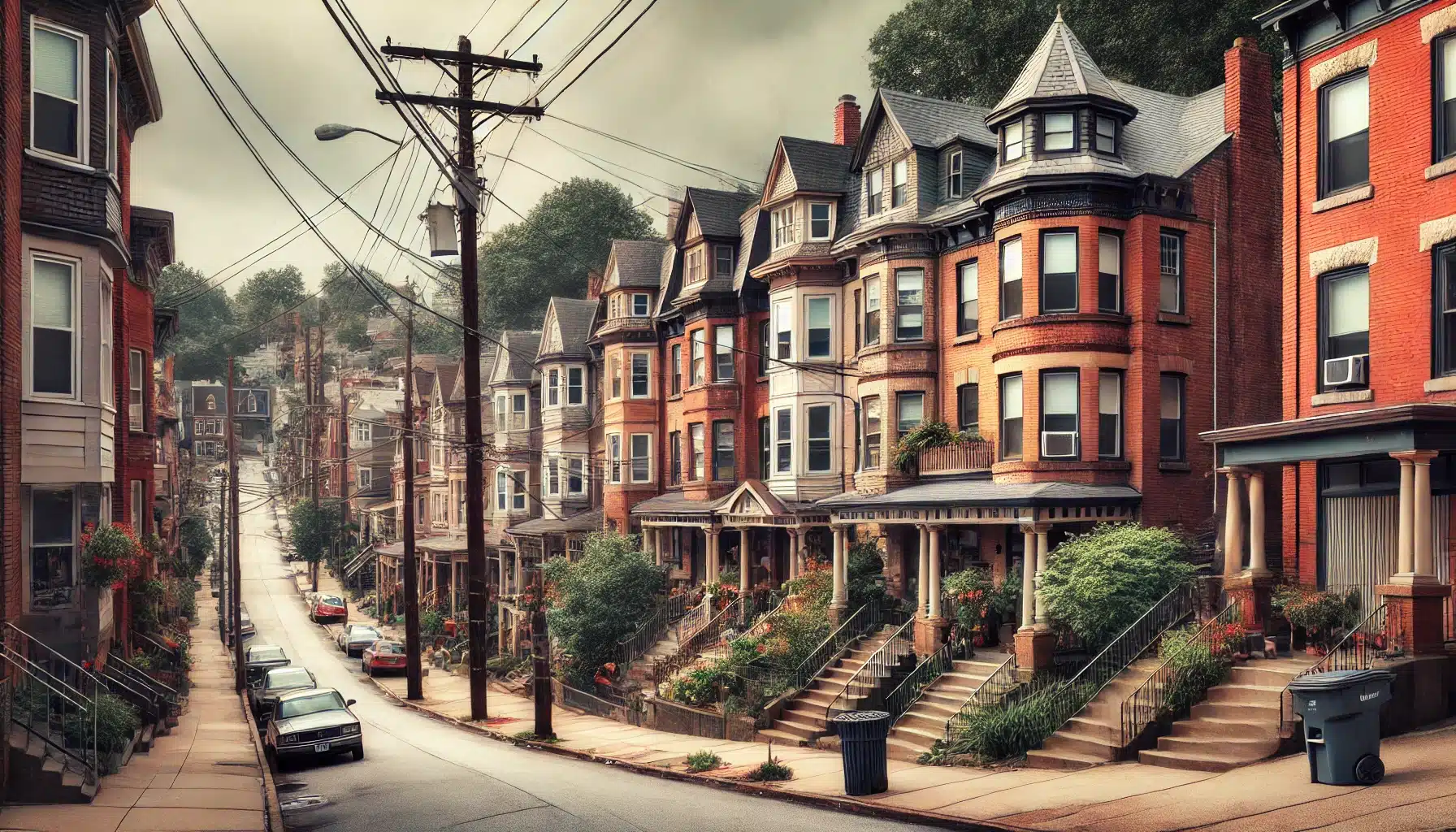 A row of historic red brick houses lines a sloping street under a cloudy sky, with power lines stretching overhead and several parked cars along the sidewalk.