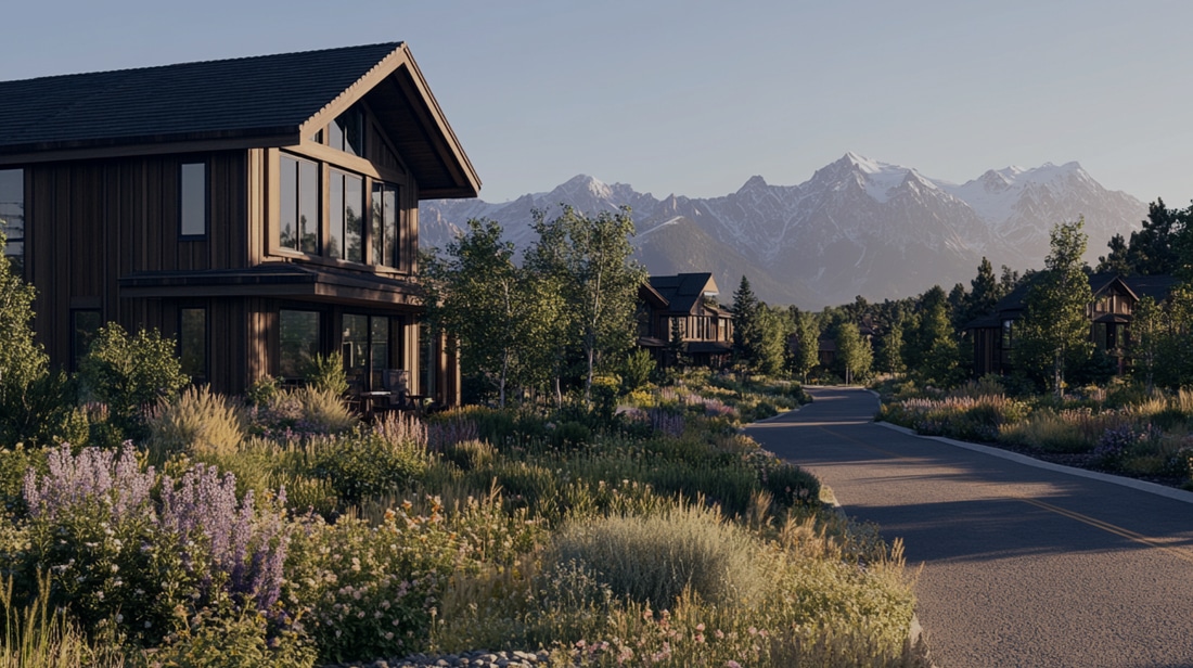 Houses with brown wood paneling line a quiet, vegetation-rich street with mountain views in the background.