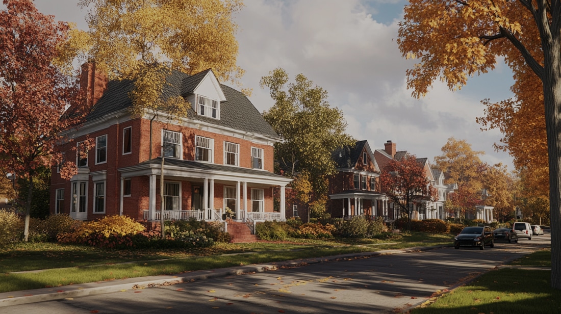 Tree-lined suburban street in autumn with red-brick houses and fallen leaves on the ground. A few cars are parked along the curb under a partly cloudy sky.