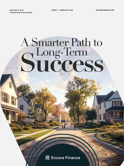 Magazine cover titled "A Smarter Path to Long-Term Success" with a scenic neighborhood street and the Encore Finance logo.