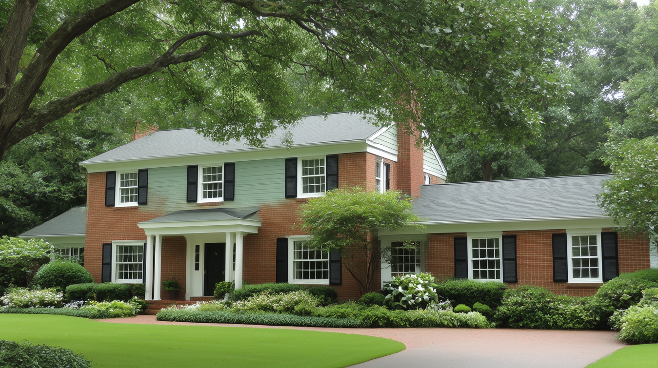 A two-story brick house with white trim, black shutters, and a manicured front yard featuring green lawns, shrubs, and trees.
