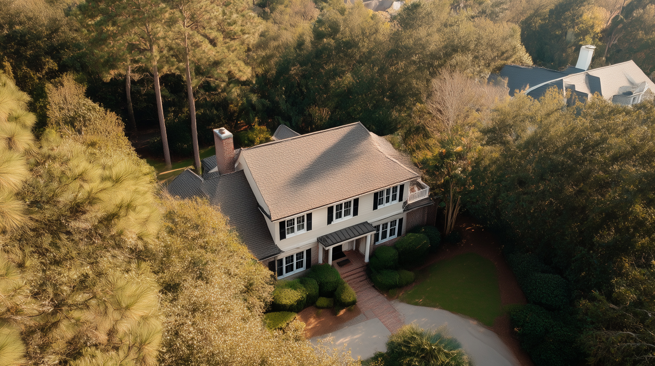 Aerial view of a two-story house with a chimney, surrounded by trees and landscaped bushes, and a curved driveway leading to the front entrance.