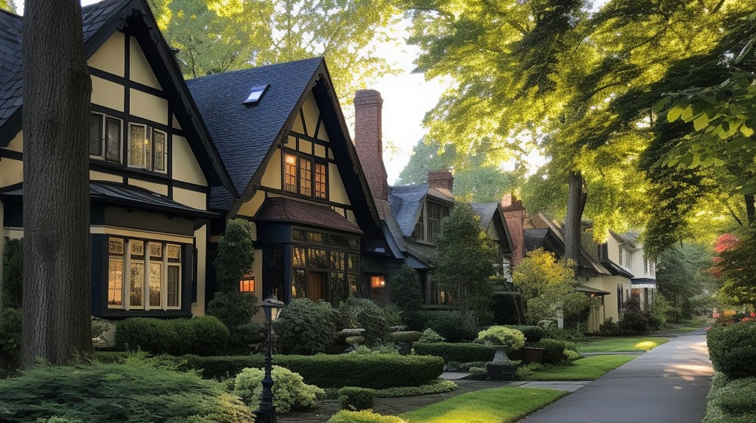 A row of Tudor-style houses with manicured lawns and lush trees lines a quiet residential street in the early morning light.