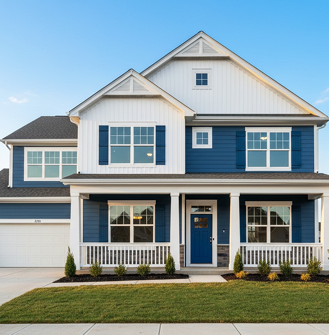 Two-story modern suburban house with blue and white siding, a front porch, multiple windows, and a neatly landscaped yard under a clear blue sky.
