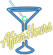 Neon-style illustration of a martini glass with an olive and straw, overlaid with the words "After Hours" in yellow script.