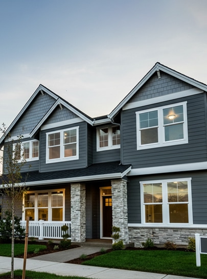 Two-story modern suburban house with gray siding, stone accents, white trim, a covered front porch, and a small lawn.