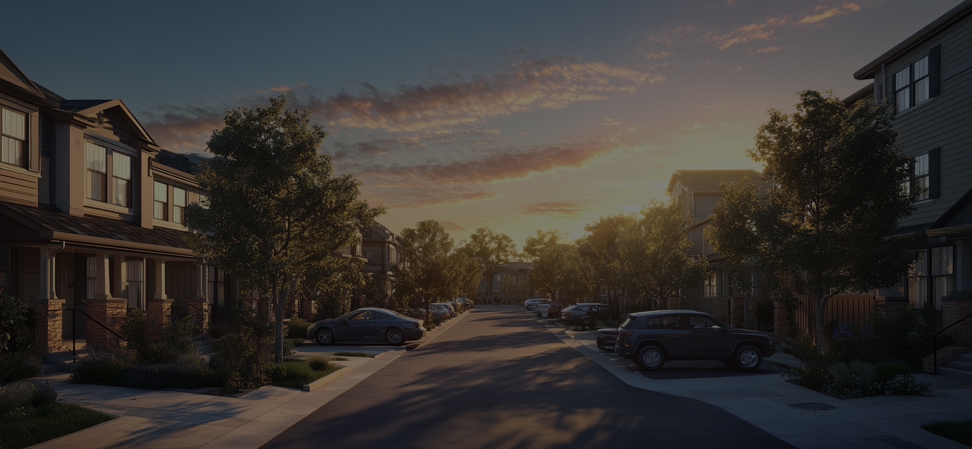 A suburban street lined with trees and parked cars is shown at sunset, with soft sunlight casting long shadows on the road and houses on both sides.