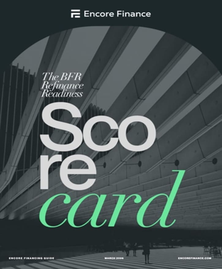 Cover of a financial report titled "The BFR Refinance Readiness Scorecard" from Encore Finance, featuring modern architecture in the background.