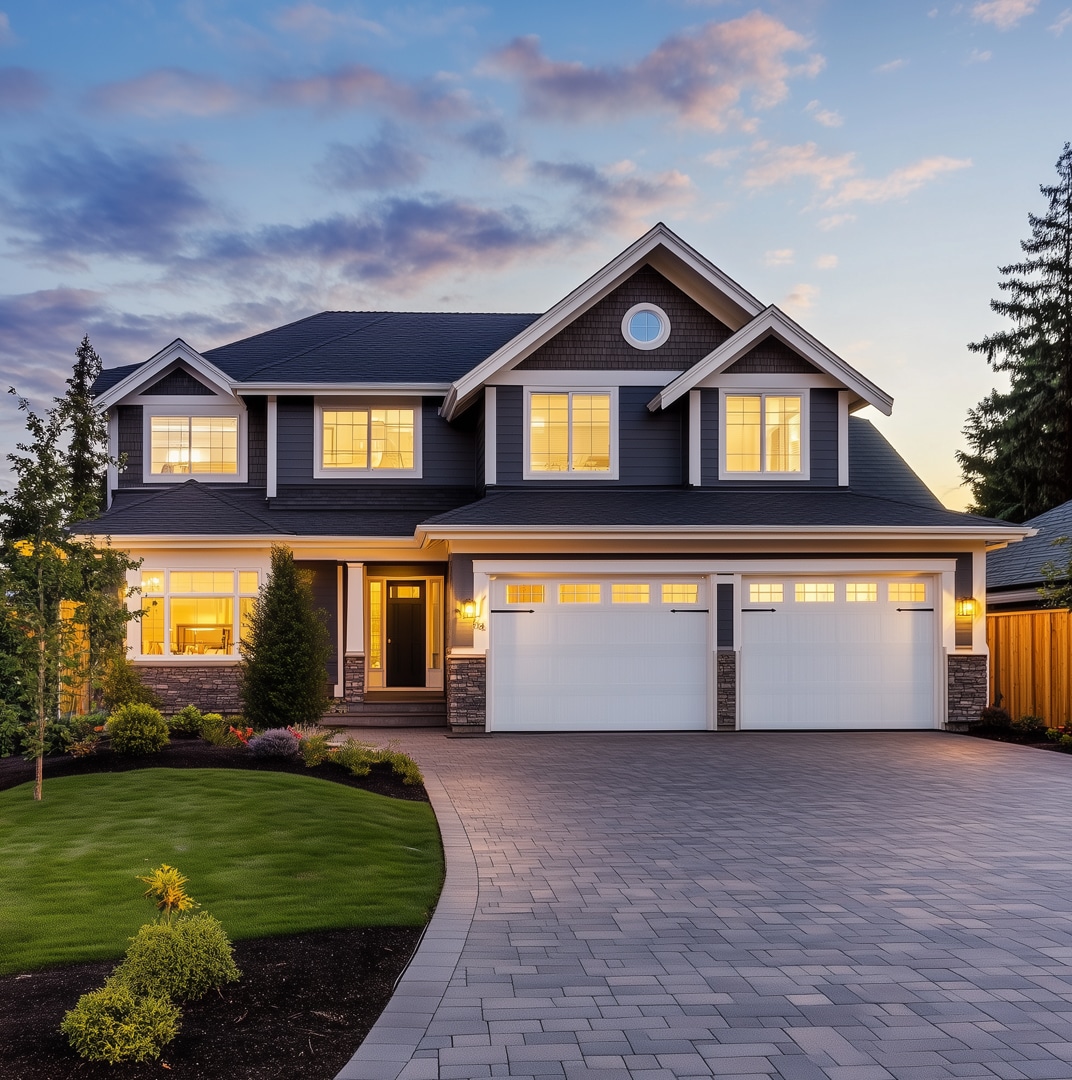 Two-story modern suburban house with gray siding, large windows, and a three-car garage, photographed at sunset with landscaped front yard and paved driveway.