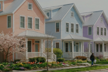 Row of pastel-colored houses with front porches and spring trees along a residential street, with people walking and cycling on the sidewalk.