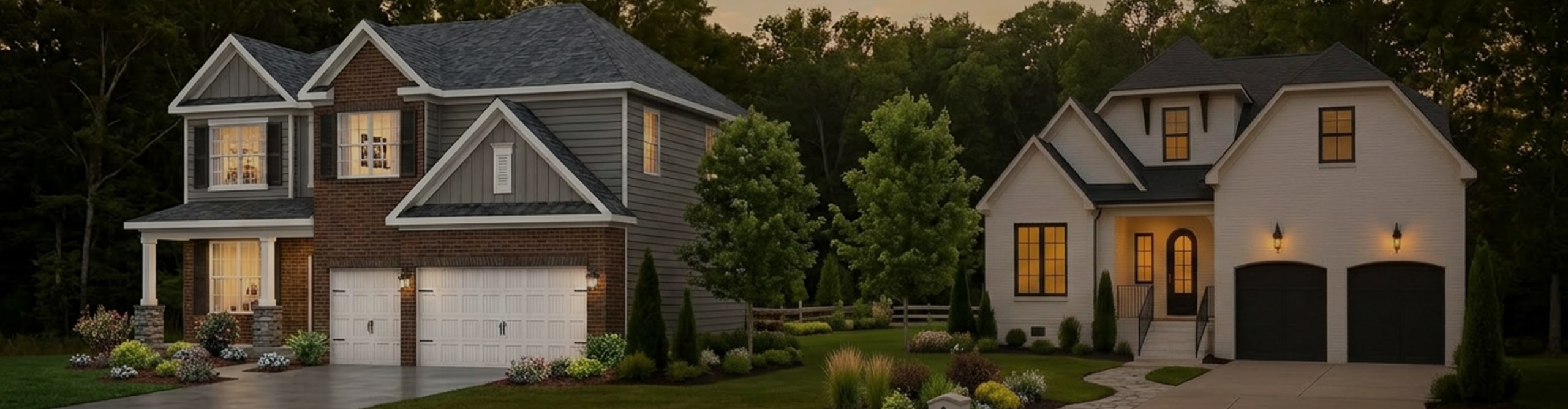 Two modern suburban houses with well-kept lawns and driveways, set against a background of trees at dusk.