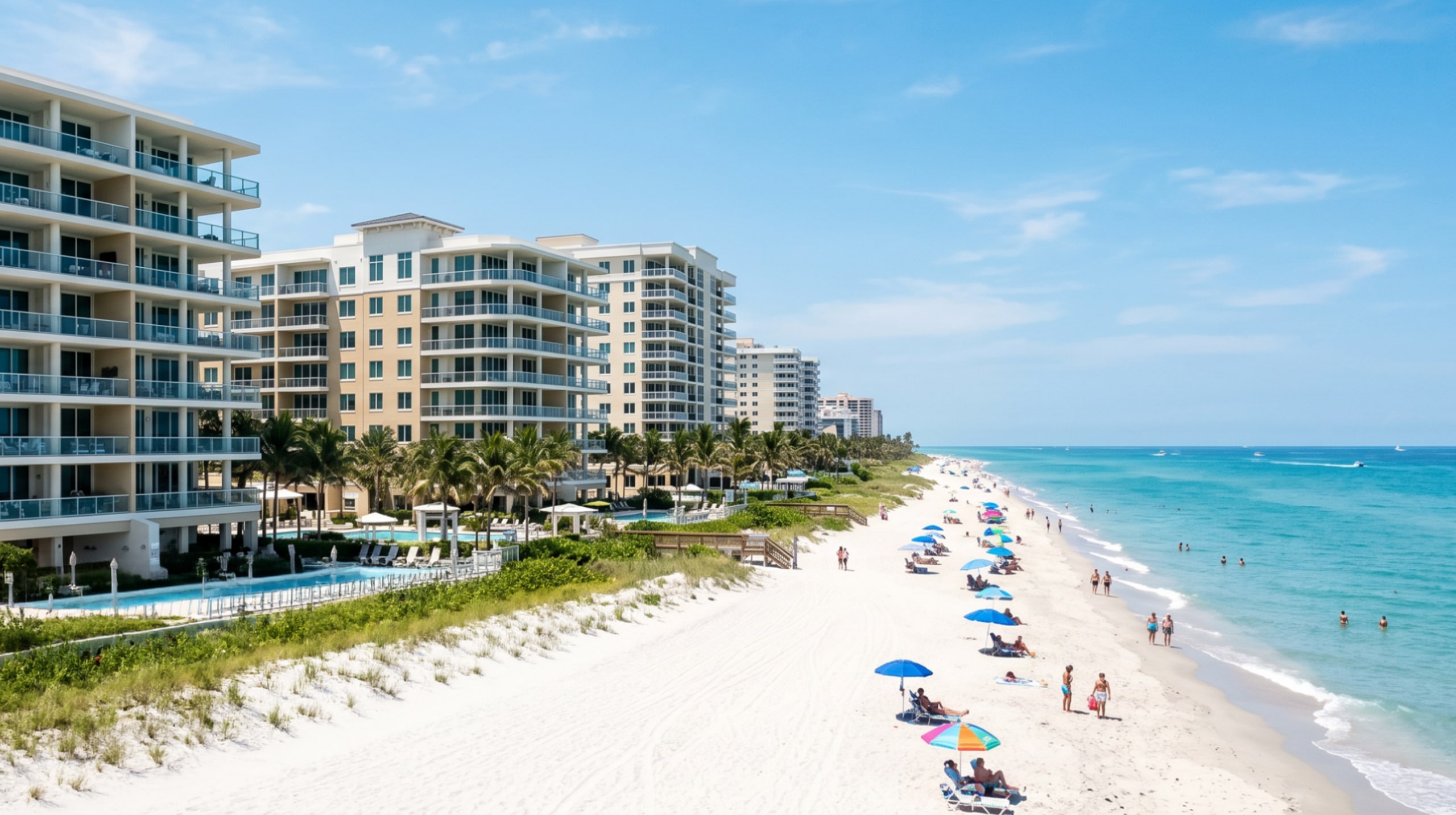 Beachfront view with high-rise condominiums, palm trees, people on the sand under colorful umbrellas, and swimmers in the turquoise ocean under a blue sky.