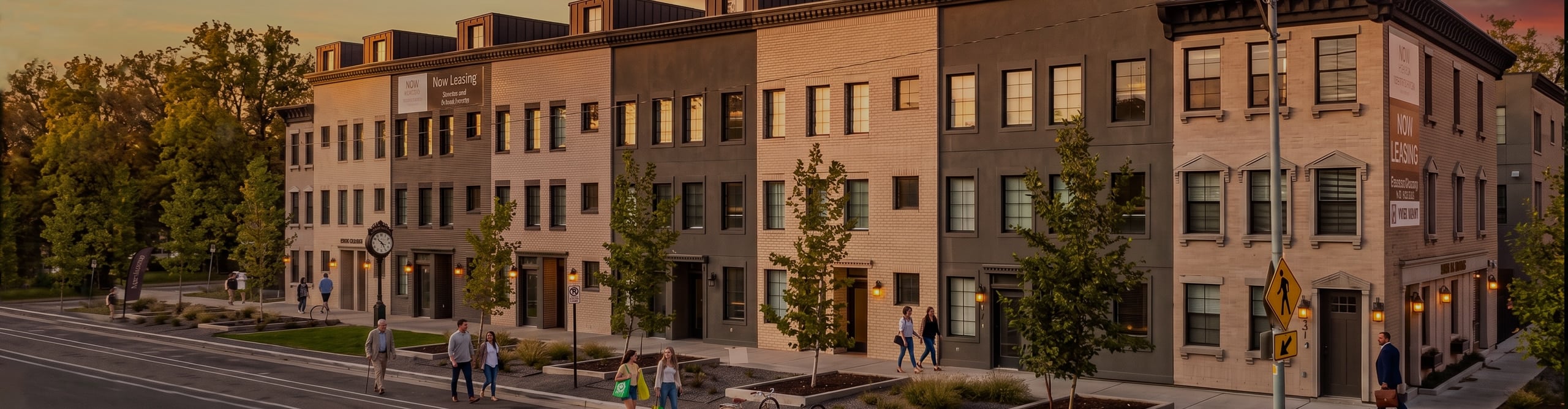 Modern three-story apartment building with large windows, sidewalk, small trees, and people walking along the street during sunset.